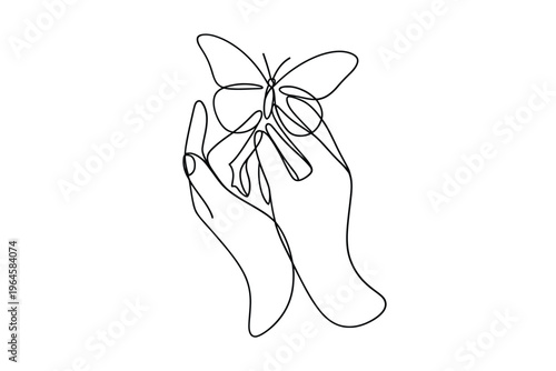A delicate line drawing depicts a butterfly resting on an open hand