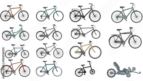 Vector illustration of various bicycles in CAD design style on white