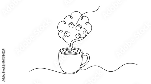 Minimalist single line drawing of a steaming cup of hot chocolate with marshmallows floating in the steam cloud above, representing comfort and warmth.