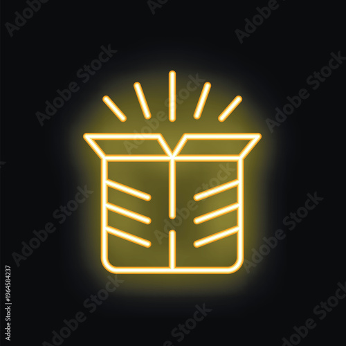 Neon glowing icon of an open cardboard box shining on a black background