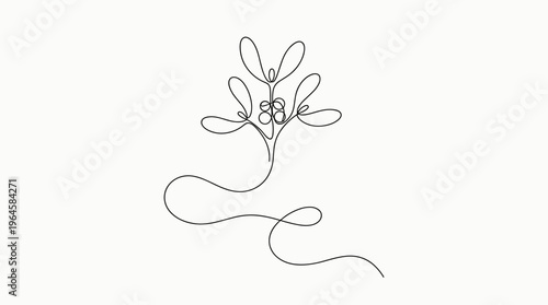 Minimalist continuous line drawing of a mistletoe sprig with berries, representing Christmas and winter holidays, isolated on a white background.