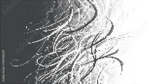 Abstract transition from dense black dots to sparse gray dots creating a gradient effect with wavy lines.