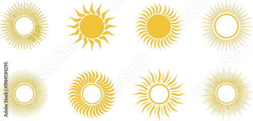Sun Icon Set with Radiant Golden Sunburst Shapes in Different Styles for Summer Weather Energy Light and Decorative Design Projects.