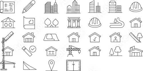 Construction and architecture icon set, building tools blueprint house symbols, urban development line vector illustration collection design pack
