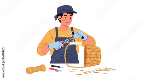 Artisan at Work: An artisan meticulously weaves a basket, demonstrating the timeless craft of basketry with focus and precision.