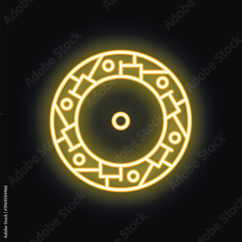 Yellow neon icon of car clutch disc glowing on black background