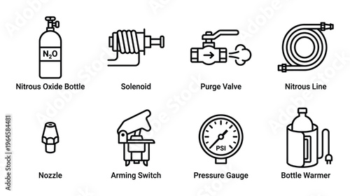 Nitrous oxide racing system component icons set featuring bottle solenoid purge valve and pressure
