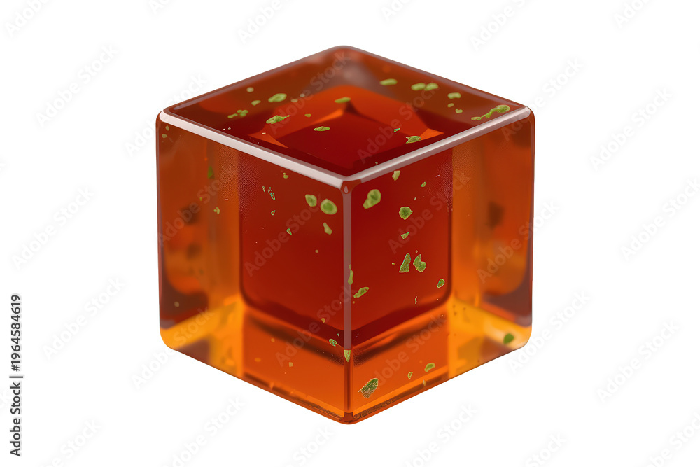 Obraz premium Transparent cube filled with amber liquid and floating green herbal particles, representing natural essence and health