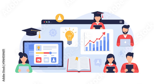 Online Education and E-learning Platform Concept. Students studying remotely with laptop, graduation cap, lightbulb, and business growth chart. Digital training and knowledge acquisition.