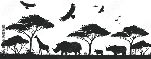 African savannah wildlife, black silhouette animals, trees, and birds, safari landscape, vector illustration