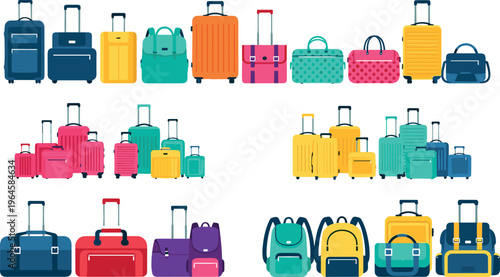 Travel Luggage Collection with Suitcases Bags Backpacks and Trolleys in Colorful Styles for Tourism Vacation Transport and Journey Design Projects.