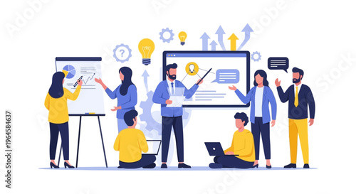 Business Team Strategy Meeting, Collaboration, and Innovation. Flat Vector Illustration of Brainstorming, Data Analysis, and Startup Development for Growth.