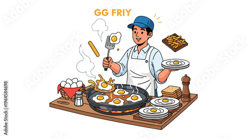 Egg Master's Culinary Creation: A skilled cook meticulously prepares a delectable breakfast, showcasing the art of egg-centric dishes with fresh ingredients.