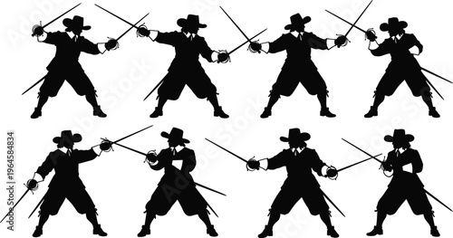 Black silhouette illustration of eight fencers wearing hats, coats, and boots, holding swords in fencing stance, representing duelists, musketeers, historical 
