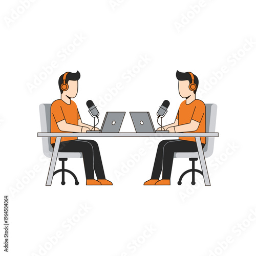 Two podcasters with laptops and microphones seated across a table.