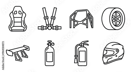 Racing car parts and accessories line icon set including racing seat harness and roll cage