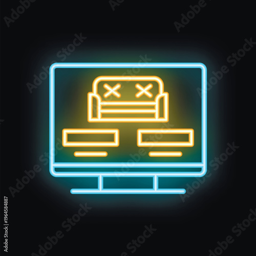 Neon icon of an online furniture store is showing a sofa and couches for sale