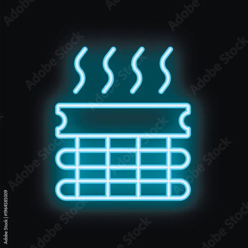 Blue neon icon of a sauna with steam coming from it on a black background