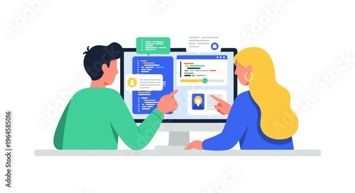 Development Team Collaboration: Programmers Reviewing Code and UI/UX Design on Computer Monitor.
