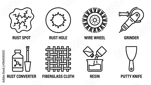 Rust removal and repair tools line icon set including rust spot wire wheel and resin