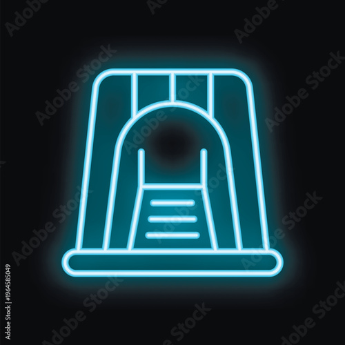 Blue neon sign representing a changing room with its curtain open on a black background