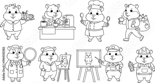 Cute hamster fast food character set with fries, burger, pizza, soda, and kawaii snack cartoon illustrations