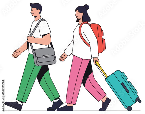 A man and woman walk together while carrying a messenger bag and a red backpack and pulling a teal rolling suitcase on a white background.