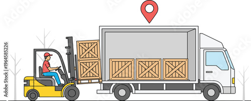 Logistics and transportation vector illustration featuring a forklift driver loading wooden crates into a delivery truck with location pin