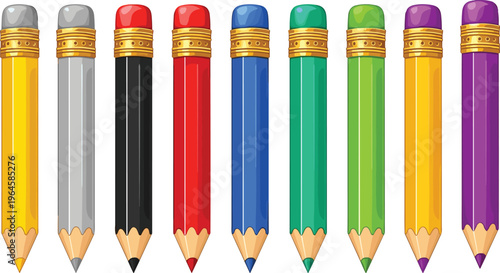 Colorful illustration of nine sharpened pencils with erasers arranged vertically in a row, representing creativity, art supplies, education tools, vibrant stationery design, and artistic inspiration