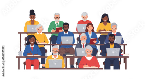 Diverse Senior Adults and Students Attending a Class or Lecture. Lifelong Education, Training, and Skill Development Concept with Laptops.