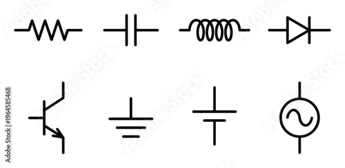 Set of 8 electronic circuit symbols including resistor capacitor inductor and diode