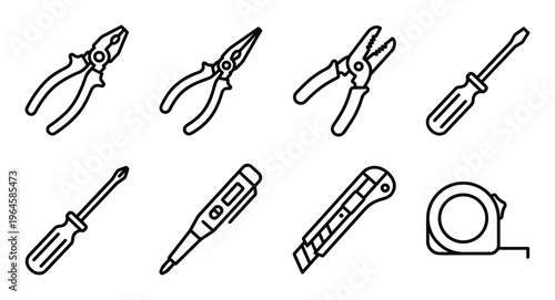Set of 8 electrical tools icons including pliers screwdrivers voltage tester and tape measure