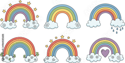 Set of colorful rainbow illustrations with clouds stars and rain cute cartoon weather elements vector collection isolated
