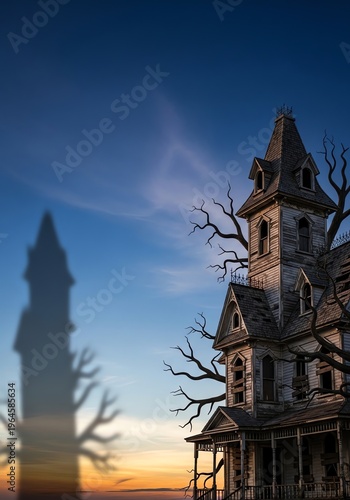Eerie Victorian Mansion at Dusk with Bare Trees
