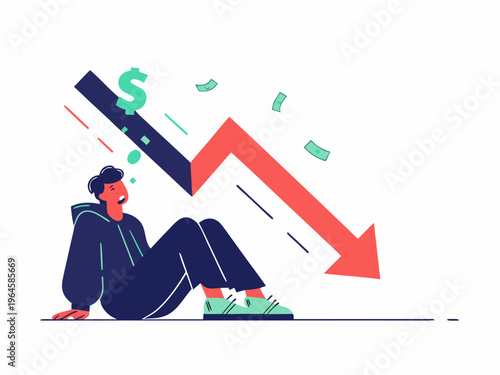 Man overwhelmed by financial loss depicted by a falling graph