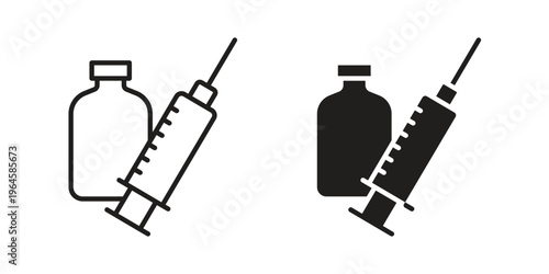 Vaccine vial icons line and solid version, outline and filled vector design set