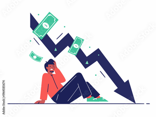 Man overwhelmed by financial loss depicted with a falling graph and money