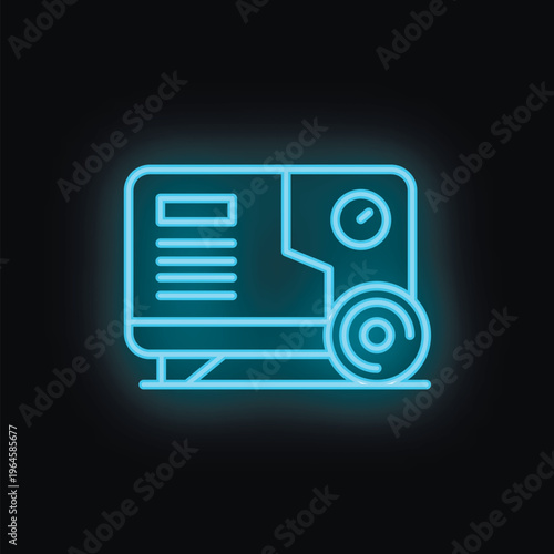 Blue neon icon of a portable generator providing backup electricity during a power outage