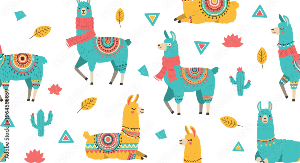 Fototapeta premium Seamless llama pattern with cactus desert elements and colorful animals cute cartoon vector illustration background design