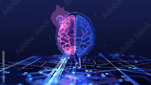 Digital brain illustration with glowing neural network connections and abstract shapes