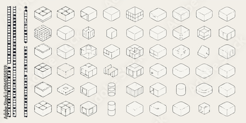 Isometric geometric shapes and cubes arranged in a grid pattern