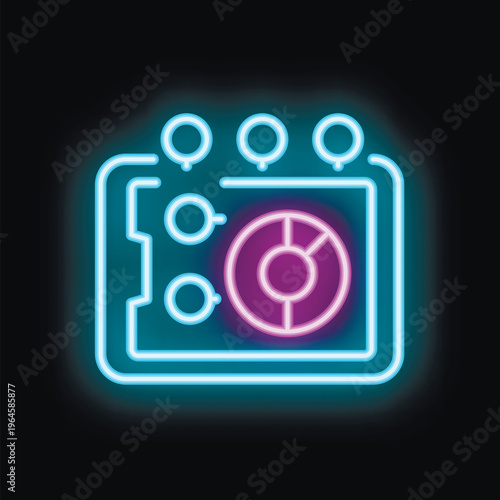 Neon icon of an audio mixer console, featuring glowing faders, knobs, and a vibrant circular element