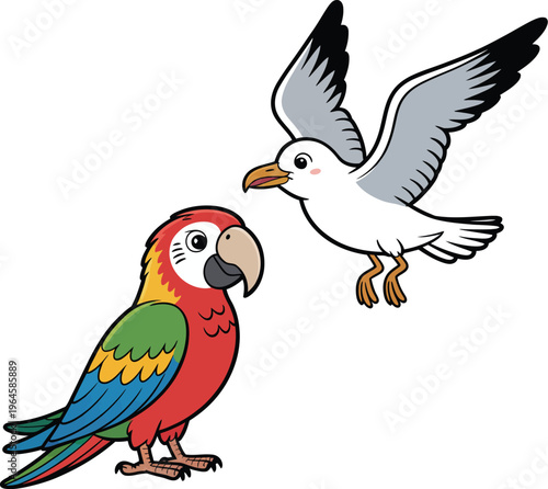 A colorful parrot standing next to a flying seagull in cartoon style