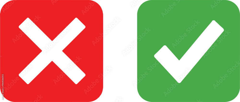 Obraz premium A red square with a white x mark and a green square with a white check mark on white background Vector