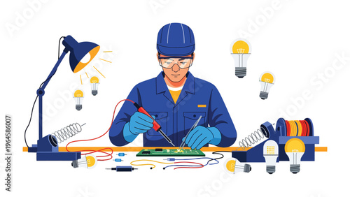 The Electrician at Work: An electrician skillfully welds electrical components with a focused determination, surrounded by equipment and illuminated by a bright desk lamp.