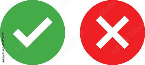 A pair of simple graphic icons featuring a green check mark and a red cross on white background Vector