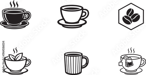 Modern beverage icon collection featuring coffee and tea minimal black bold and outlines
