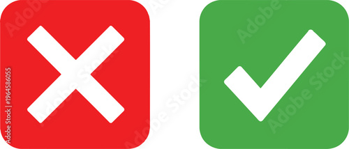 A red square with a white x mark and a green square with a white check mark on white background Vector