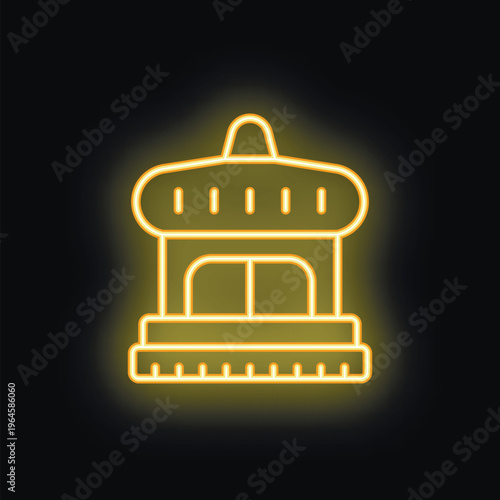 Neon yellow glowing shopfront icon with rounded roof and steps leading to entrance on black background