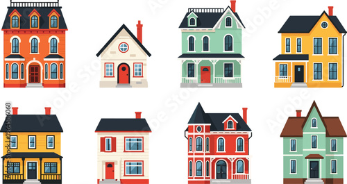 Set of colorful residential houses in different architectural styles isolated on white background real estate vector illustration collection